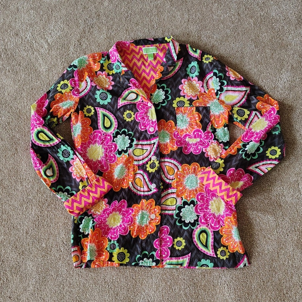 Vera Bradley Burron Down Multicolor Floral Shirt Womens Small Hippie Y2K Groovy